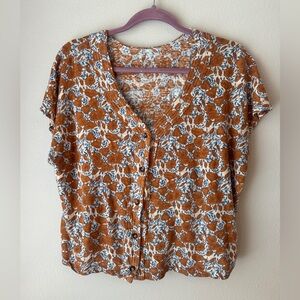 Floral Button-Up Women's Top - Brown and Blue